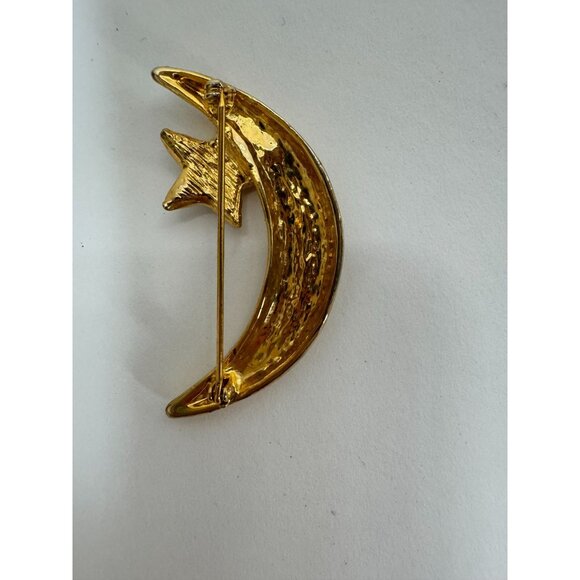 Vintage Gold-Tone Crescent Moon & Star Brooch With Rhinestones & Black Enamel - Picture 2 of 16